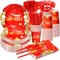 168 Pcs Red and Gold Party Supplies Tableware Set Happy Birthday Plates, Knife,Forks,Spoons, Cups and Napkins Table Decorations